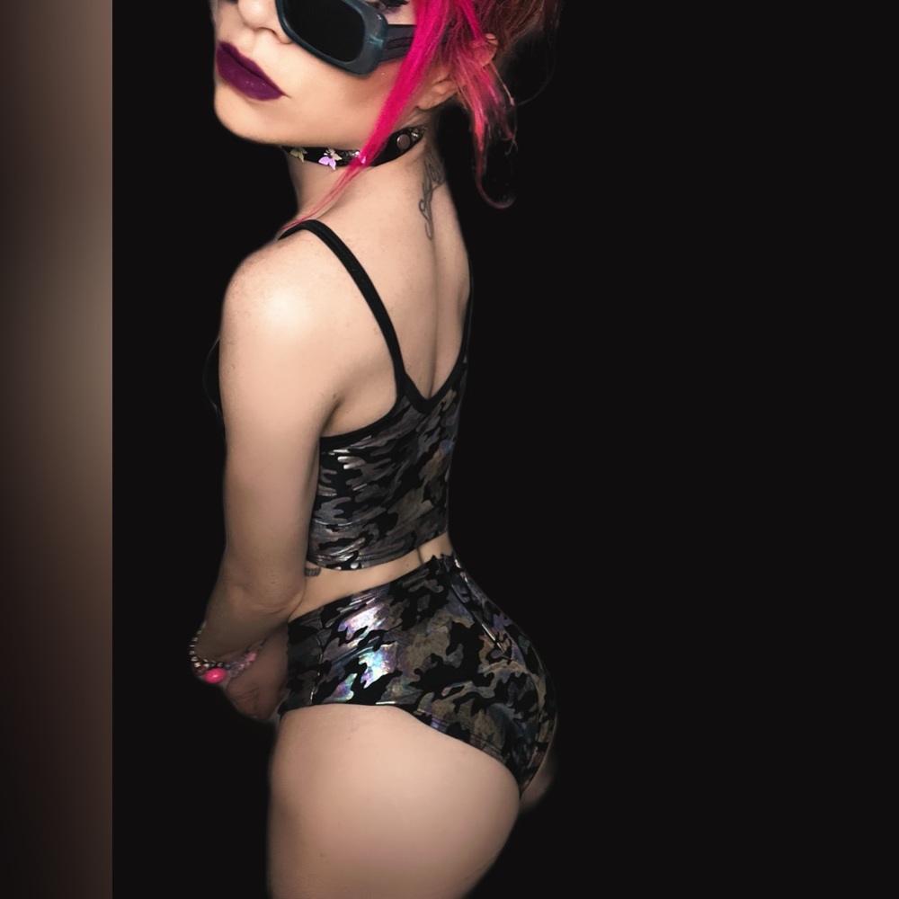 Camo silver black rave festival set top + bottom size XS